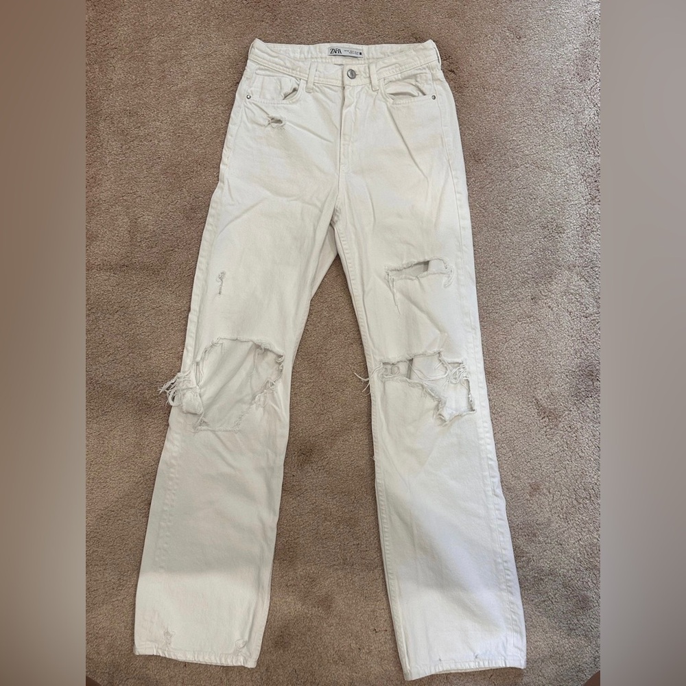 Zara white high rise ripped jeans